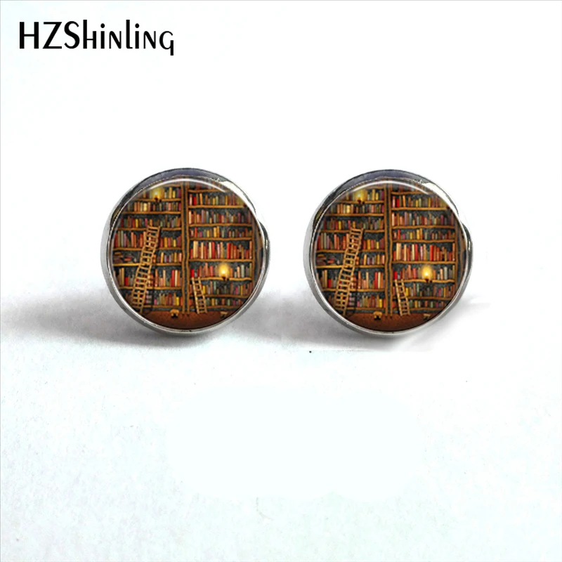 

NES-00101 Library Book Earrings Vintage Books Stud Earrings Old Books Jewelry Glass Dome Earrings For Women HZ4