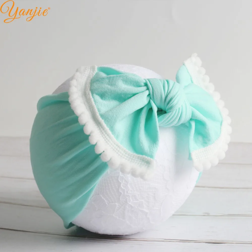 

2019 Wide Nylon Headbands Hair Bow with Pompom Trim Knot Bow Nylon Headwraps Kids Girl Hair Accessories New Arrival Hair Band