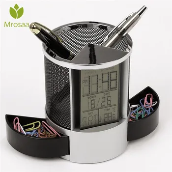 

Black Digital LED Desk Alarm Clock Mesh Pen Pencil Holder Calendar Timer Temperature Calendar Table Desktop Clocks