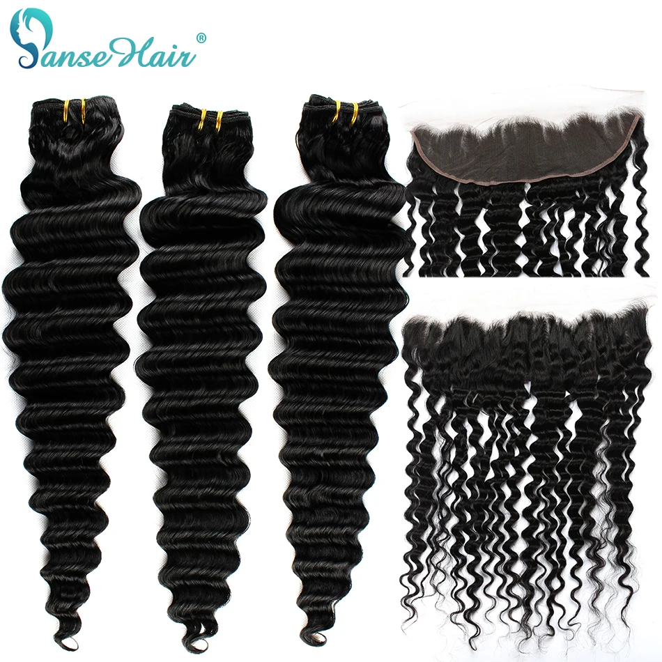 

Panse Hair Brazilian Deep Wave Hair Extensions 3 Bundles With A 13*4 Lace Frontal Non Remy Hair 100% Human Hair weaving