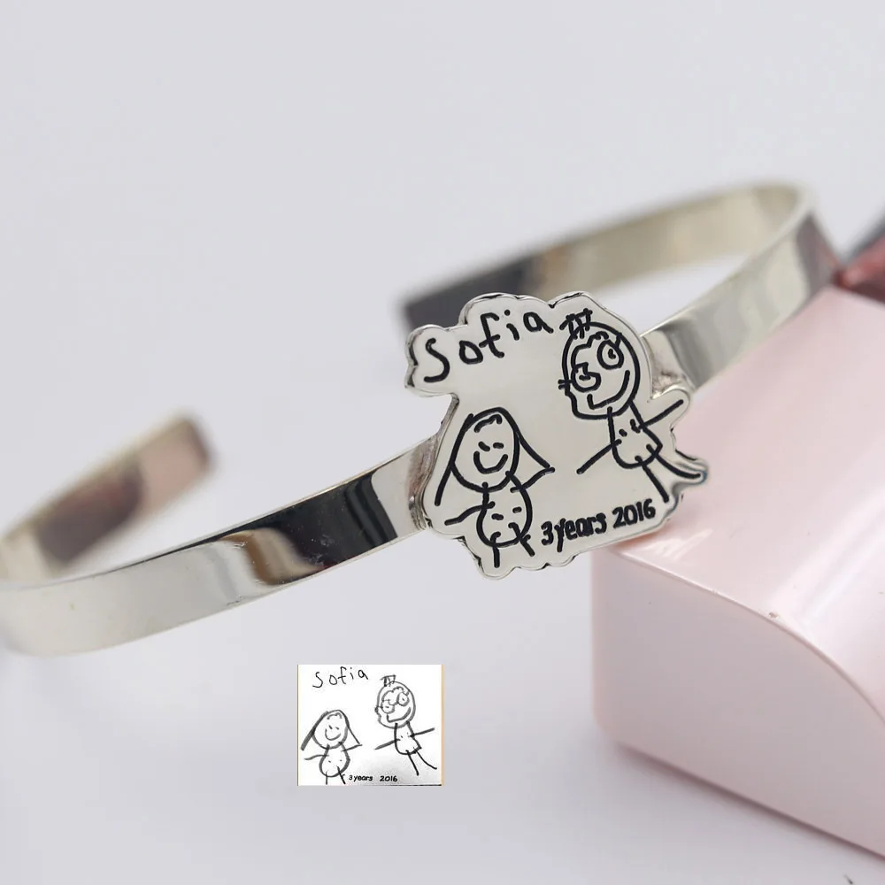 

Kids Handrawing Pendent Customized Cuff Bracelet Personalized Logo 925 Silver Bangles & Bracelet Happy Family Memorial gift