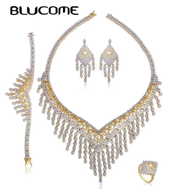 Blucome Dubai Two Tone Copper Necklace Earrings Bracelet Ring Tassel Pendant Full Zircon Jewelry Set Women's Wedding Accessories
Blucome Dubai Two Tone Copper Necklace Earrings Bracelet Ring Tassel Pendant Full Zircon Jewelry Set Women's Wedding Accessories