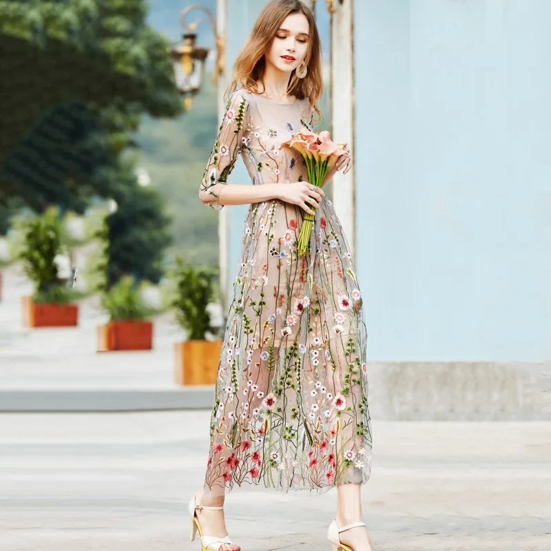 

2018 Female Summer Party Embroidery Vestidos Ruway Floral Bohemian Flower Embroidered Vintage Boho Mesh Dresses Vestido