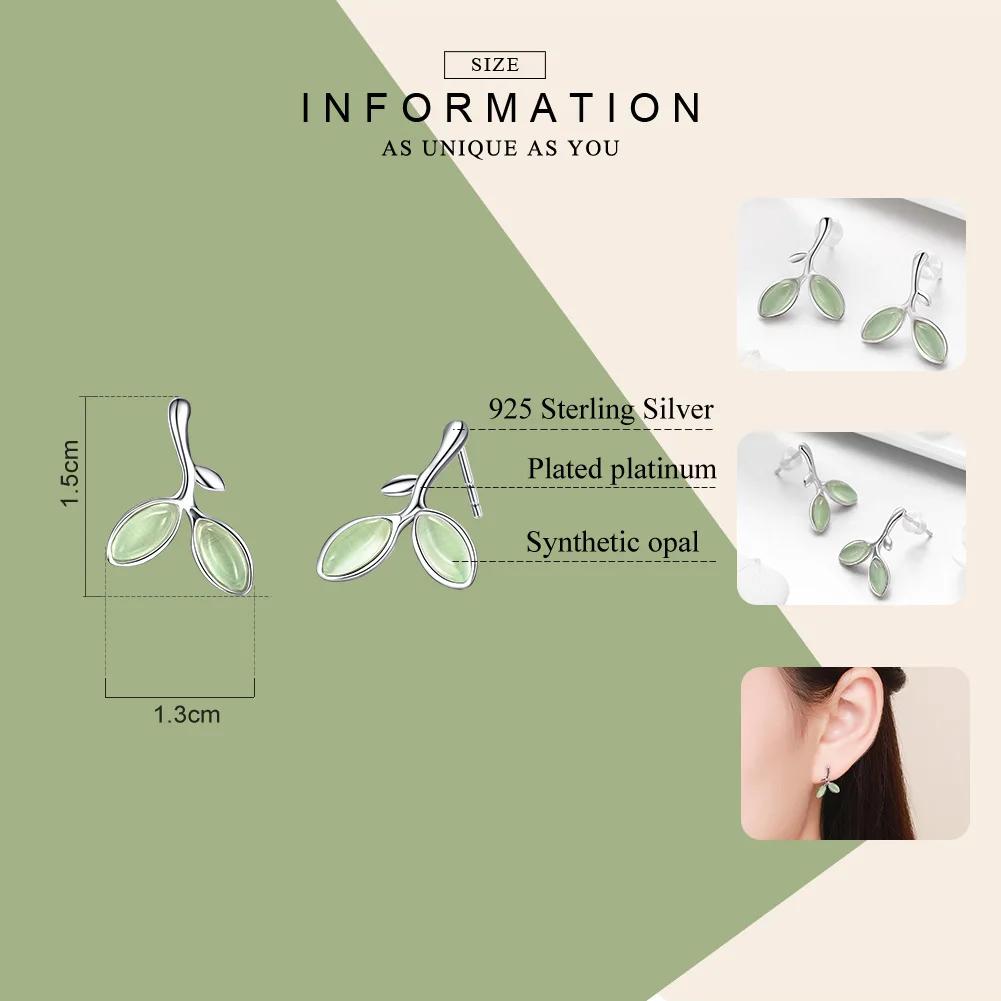 BAMOER Real 925 Sterling Silver Hope Leaves Tree Green Buds Small Stud Earrings for Women Authentic Silver Jewelry SCE465 - Image 2