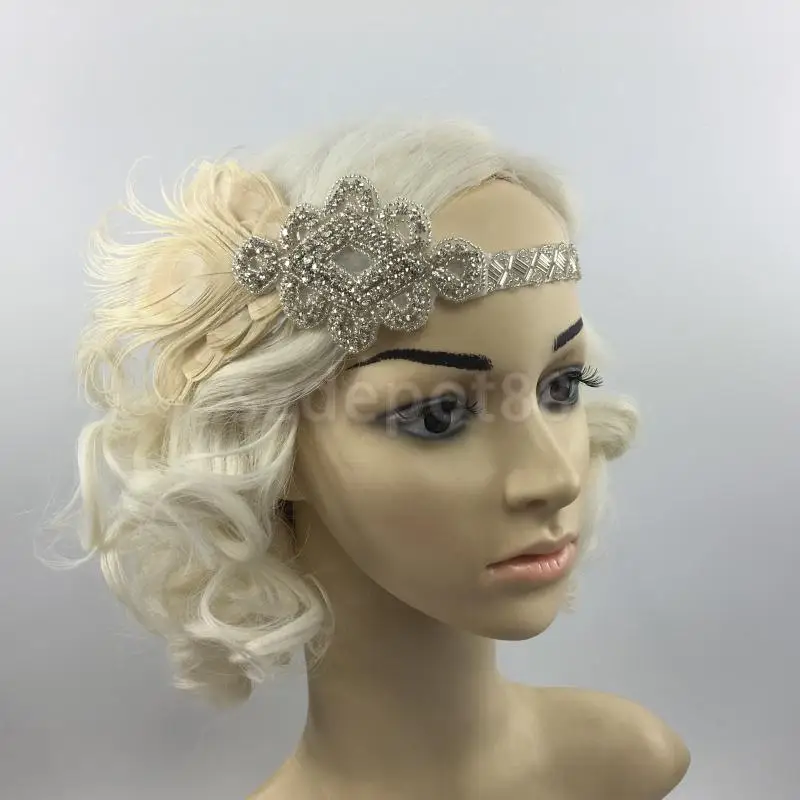 

1920s Gatsby Crystal Applique Headband Feather Flapper Wedding Headpiece