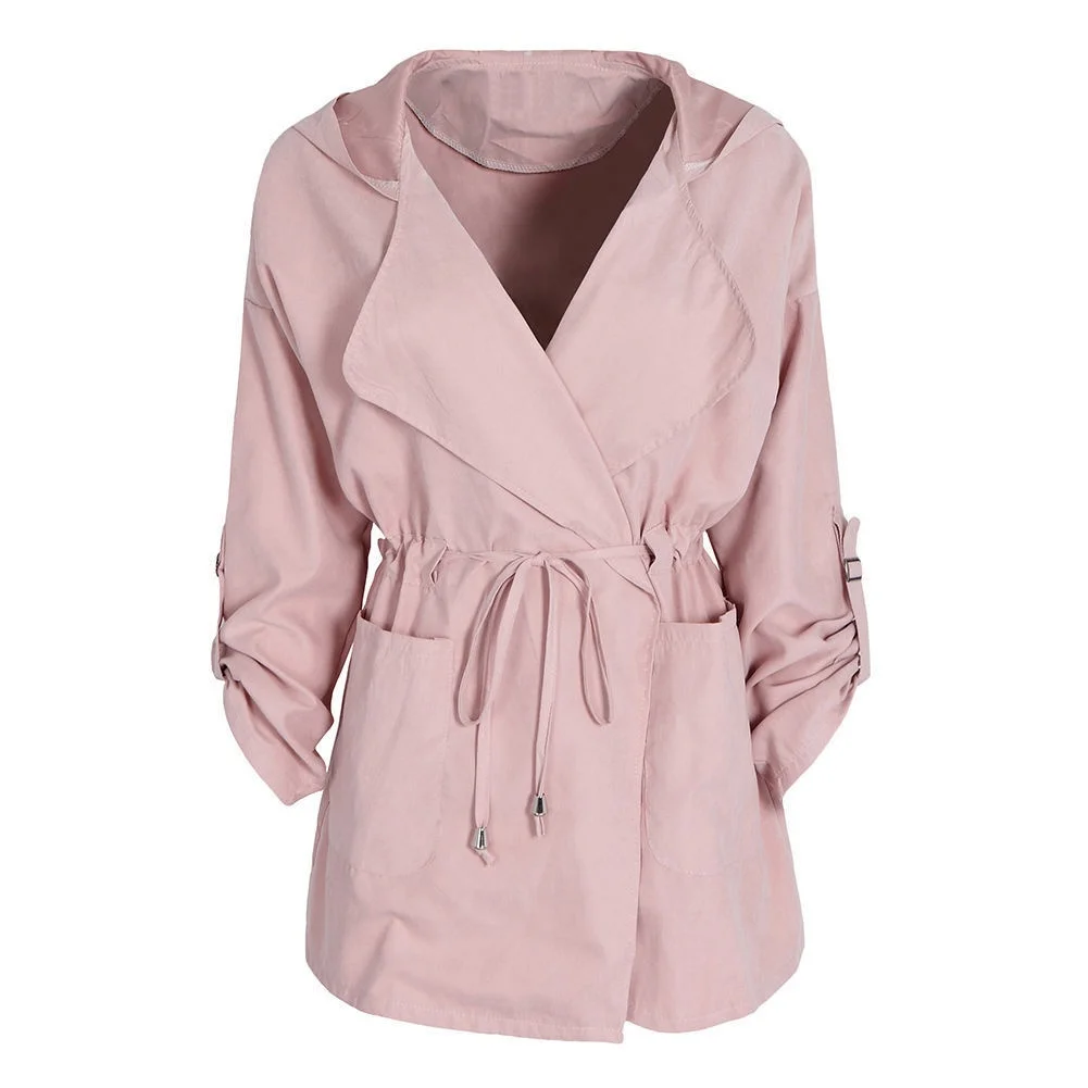 ZOGAA женский модный однотонный кардиган, пальто с капюшоном, легкий тонкий пояс, женское розовое пальто, повседневный приталенный Тренч, пальто для девушек