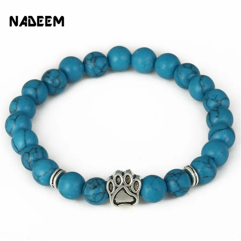 

Free Shipping Dog Hand Paw Charm Men Women 8mm Blue Turquoise Stone Elastic Rope Fashion Mala Bead Yoga Bracelet Jewelry ND5852