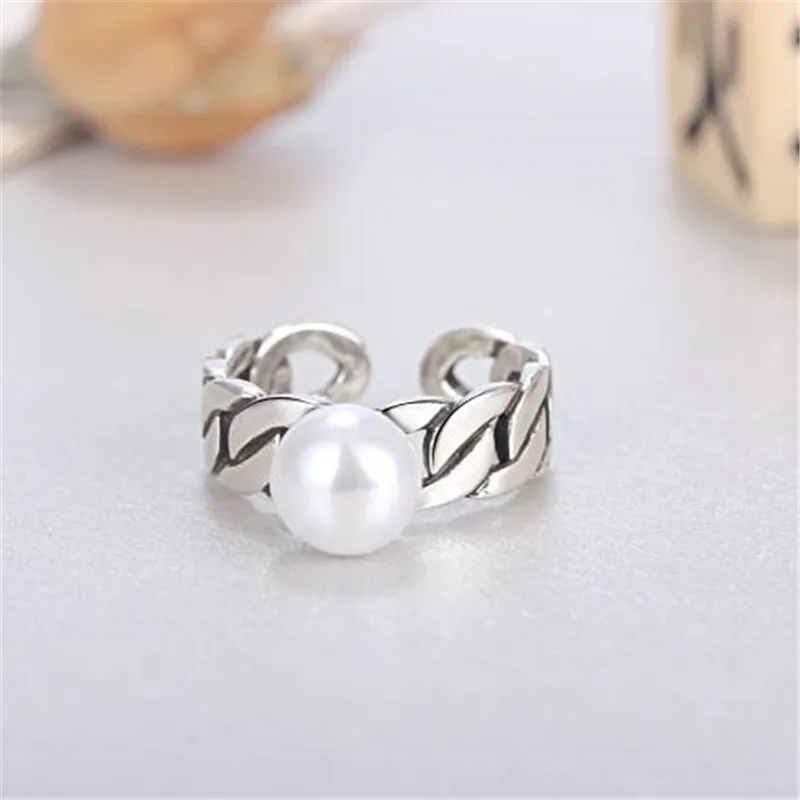 

LULU-PIG Korean thick chain retro tail ring made old open pearl open ring JZ096