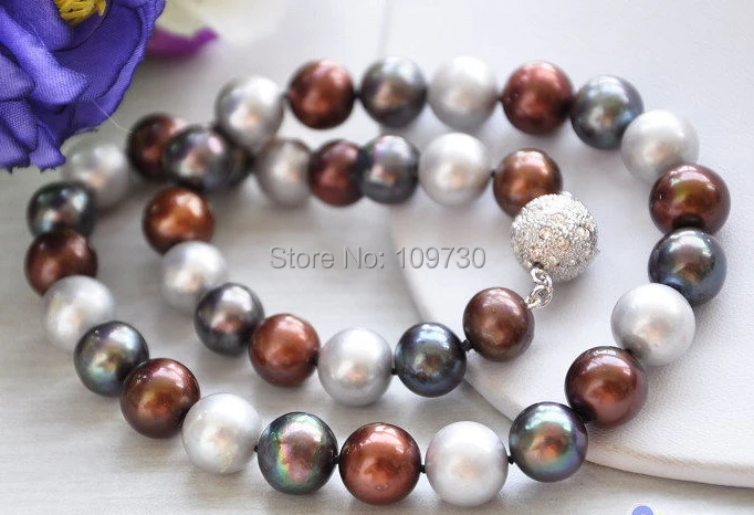 

Jewelr 003550 AA++ 17" 12mm ROUND black coffee gray Freshwater PEARL NECKLACE