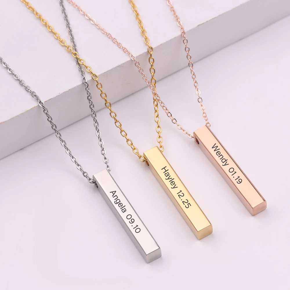 Custom Personalized Necklace Chain-Pendant Engraved Name Stainless-Steel Women Bar Four-Sides