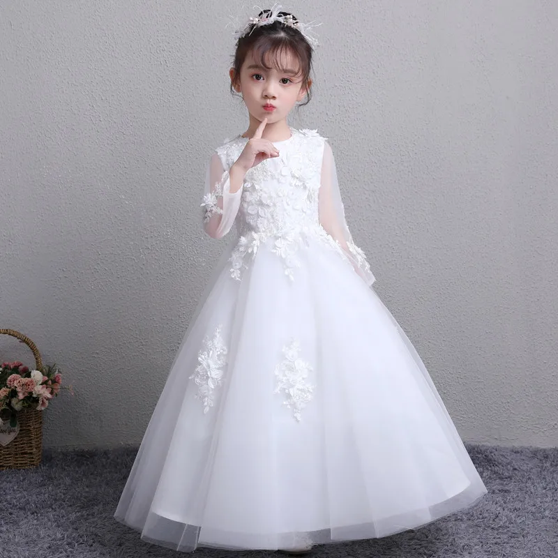 Children Girls Luxury White Color Birthday Wedding Party Princess Lace Flowers Dress Teens Kids Long Sleeves Evening Prom Dress Children Girls Luxury White Color Birthday Wedding Party Princess Lace Flowers Dress Teens Kids Long Sleeves Evening Prom Dress