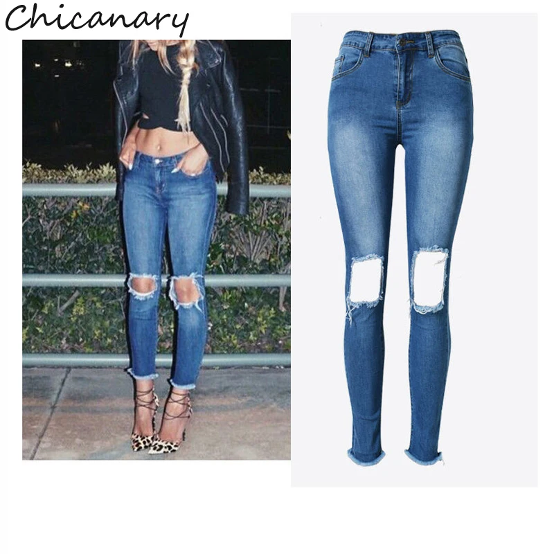 Chicanary Europe Fashion Ripped High Waist Tassel Stretchy Denim Jeans Skinny Pencil Pants Women Casual Leggings