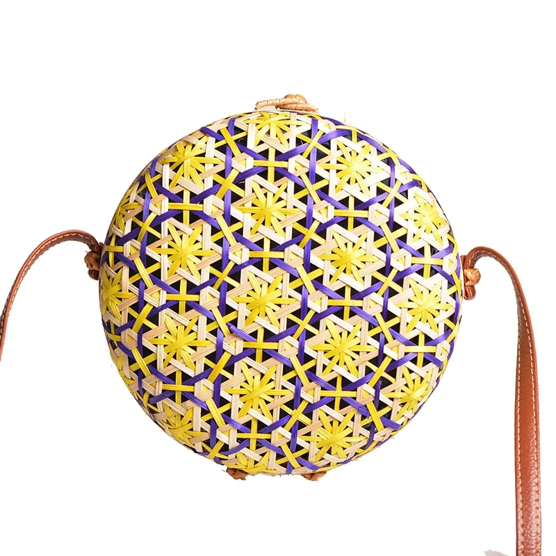 

New Round Straw Beach Bag Circle Rattan Bag Women Handbag Colorful Flower Pattern Female Message Shoulder Bag