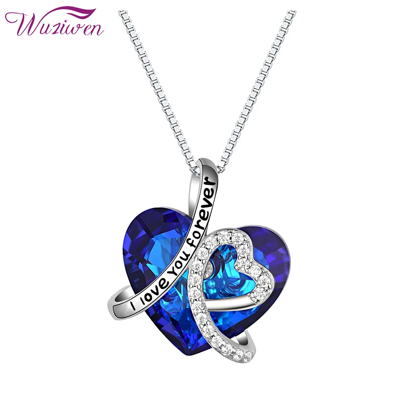 

Wuziwen Romantic Heart Shape Ocean Blue Sapphire White Zircon Pendant Necklace For Women 925 Sterling Silver Box Chain