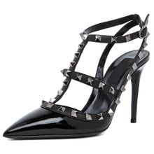 Mavirs Fashion summer women’s ladies girls students princess bride party patent black rivets sexy high heels shoes sandals pumps
