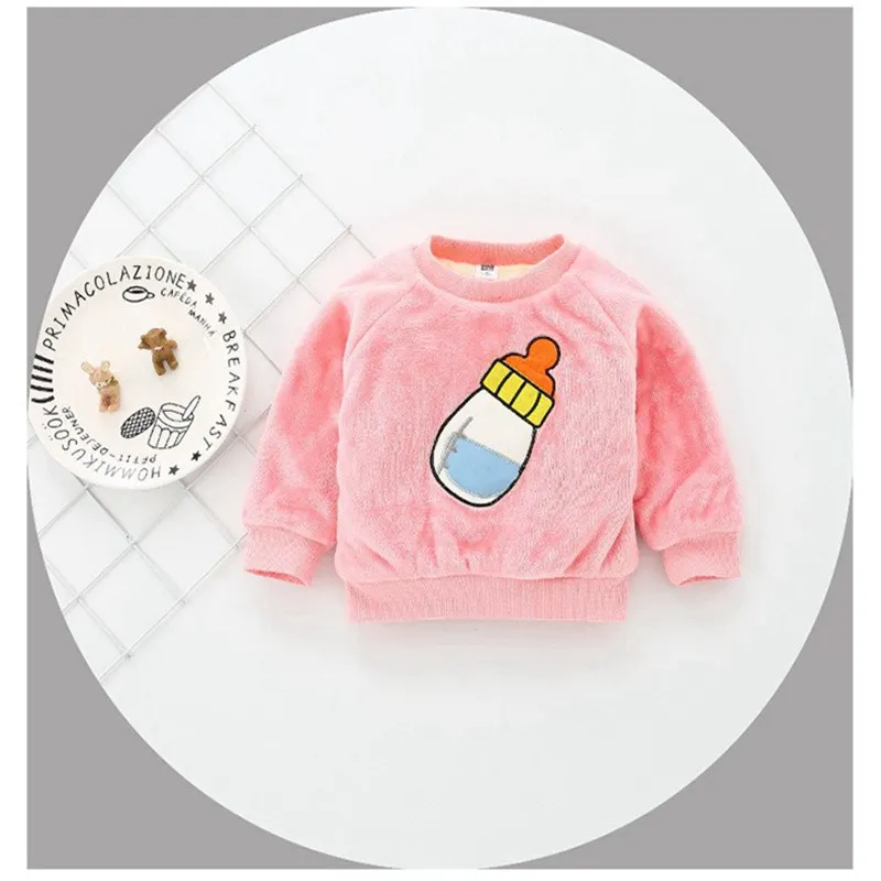 Детские топы; сезон осень-зима; пушистые толстовки с круглым вырезом и рисунком бутылки для малышей однотонная Одежда для мальчиков и девочек; детская одежда - Цвет: Розовый
