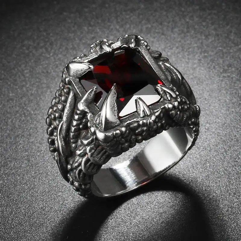 OBSEDE Fashion Men's Vintage Ring Dragon Claw Ring Titanium 316L Stainless Steel Rings for Male Fashion Jewelry CZ Stone Crystal