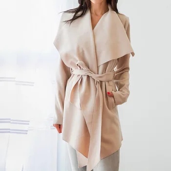 

Fashion Lapel Belt Trench Coat Elegant Woolen Overcoat Long Coat Outerwear 2018 Spring Autumn Casual Windbreaker Cardigan Coats