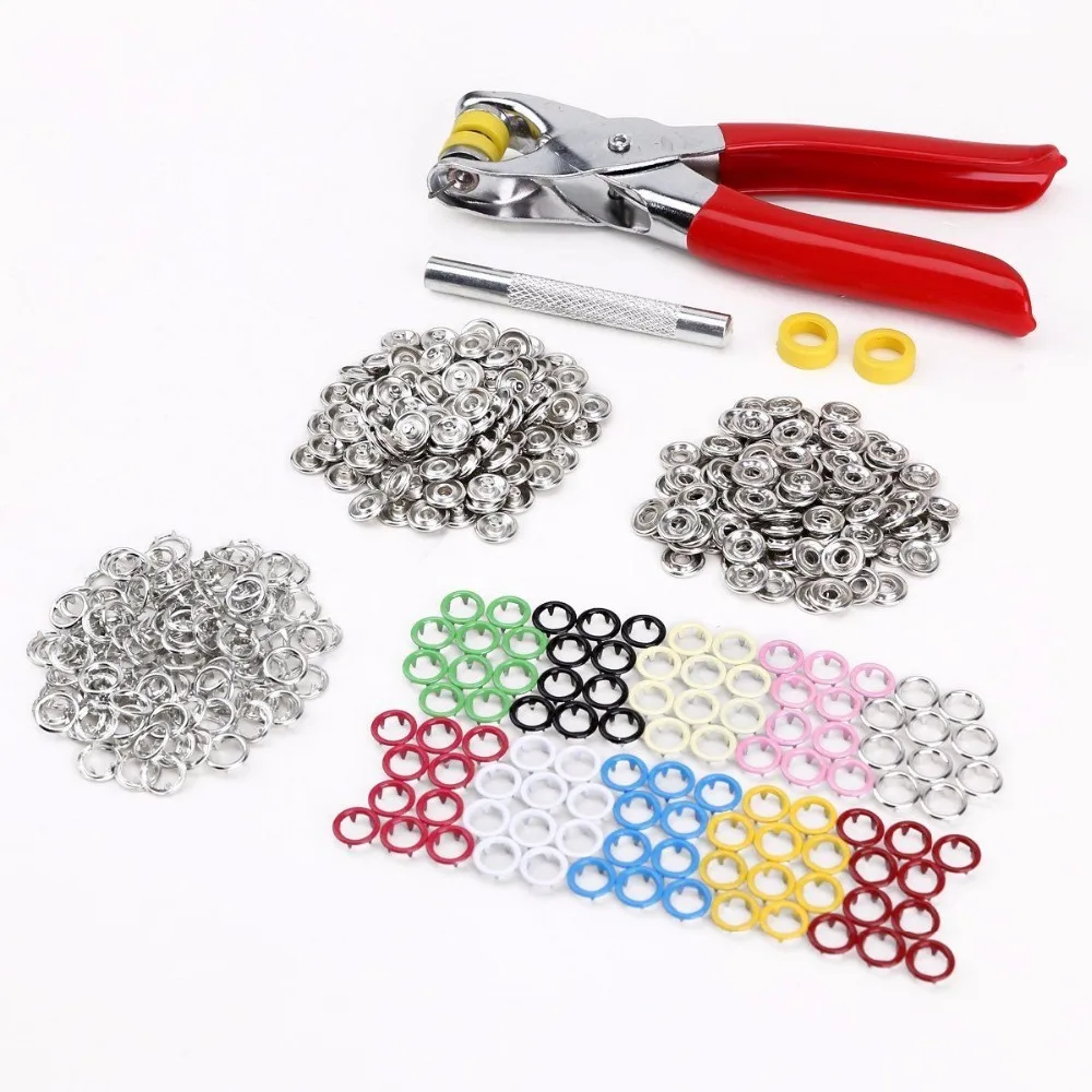 100 Sets 10 Colors 9.5mm Copper Prong Snap Buttons Fasteners Press Studs Poppers Romper Buckle Snap +1pc Plier Tool