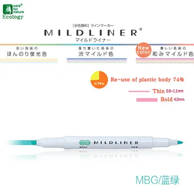 1 шт. Zebra Mildliner двухсторонний хайлайтер мелкий/Bold 20 флюоресцентные цвета ручка крюк ручка маркер, фломастер - Цвет: Blue Green MBG