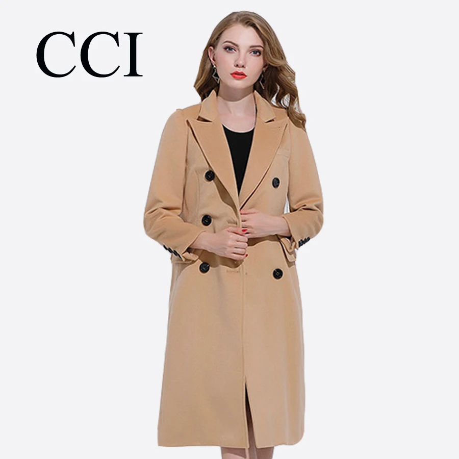 Cci Woolen Long Coats Double Breasted Women Casual Casaco Solid Color