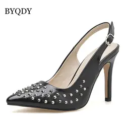 BYQDY классические модные хлопчатобумажная застежка с пряжкой женские пикантные туфли-лодочки с острым носком с заклепками черные туфли на
