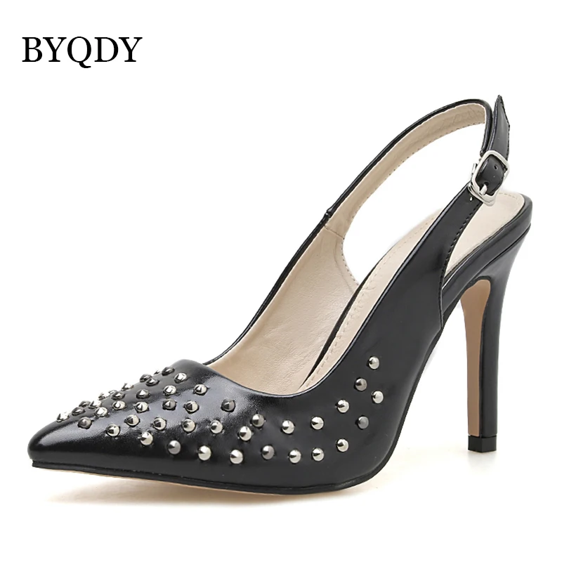 BYQDY Classic Fashion Flock Buckle Strap Shoes Ladies Sexy Pointed Toe Pumps Rivet Black Heels Shoes Women zapatos de mujer BYQDY Classic Fashion Flock Buckle Strap Shoes Ladies Sexy Pointed Toe Pumps Rivet Black Heels Shoes Women zapatos de mujer