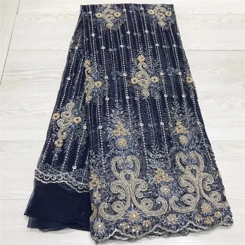 

Factory sells very beautiful Nigerian lace fabric sequins and beads for high-end wedding gowns / party/gowns HJ429-2
