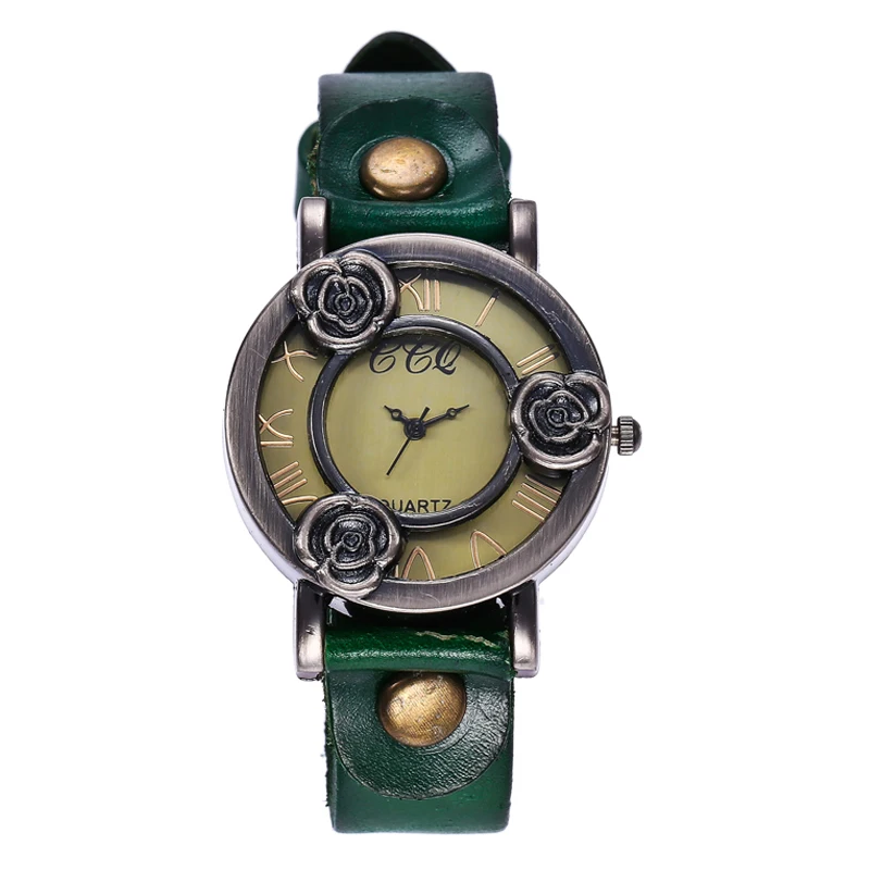 Топ бренд Ретро цветок часы Женское платье Винтаж корова наручные часы с кожаным браслетом Роскошные модные кварцевые часы в стиле кэжуал
