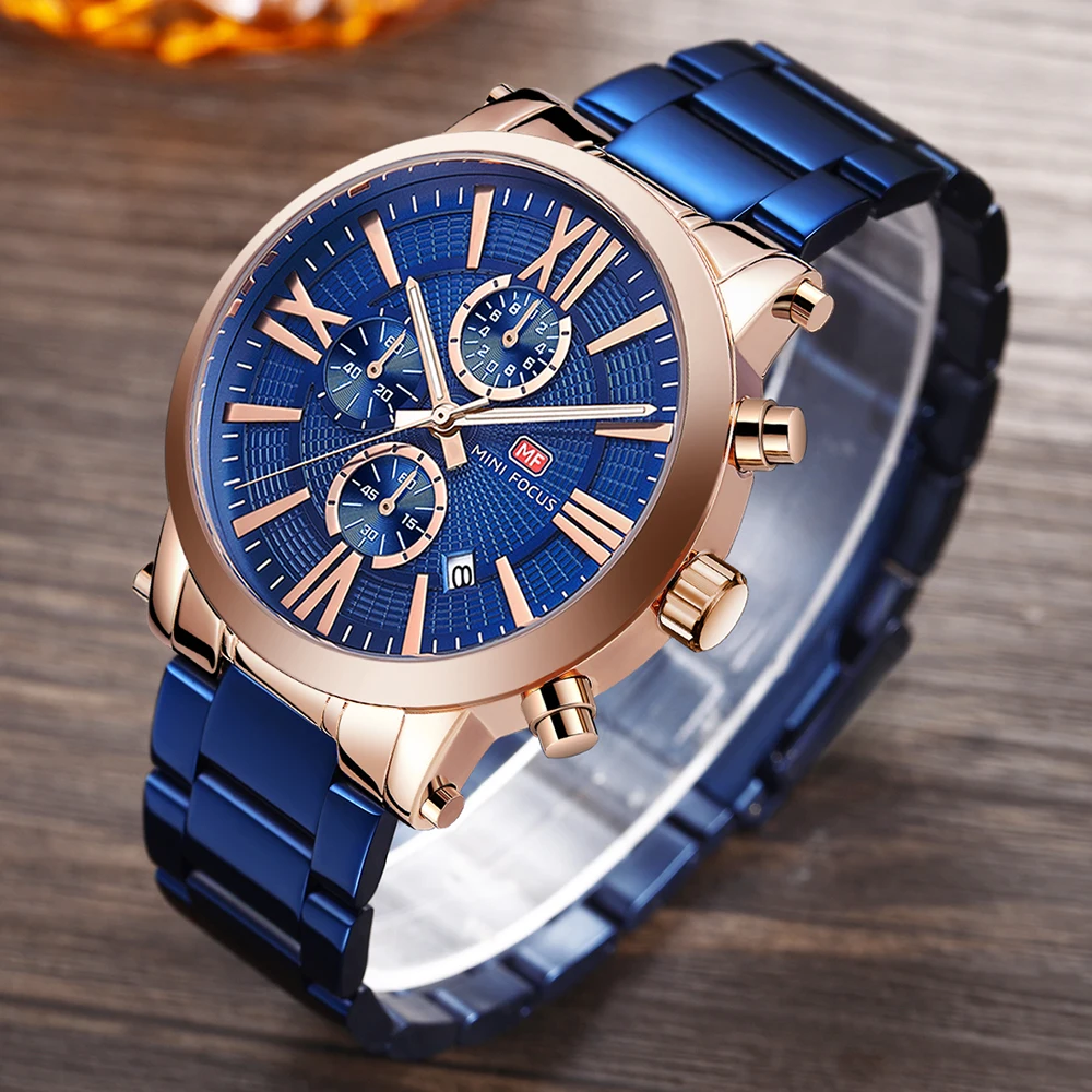 

MINI FOCUS Top Brand Luxury Quartz Watch Men 3 Subdial 6 Hands Chronograph Date Fashion Blue Wristwatches Man Waterproof Clock