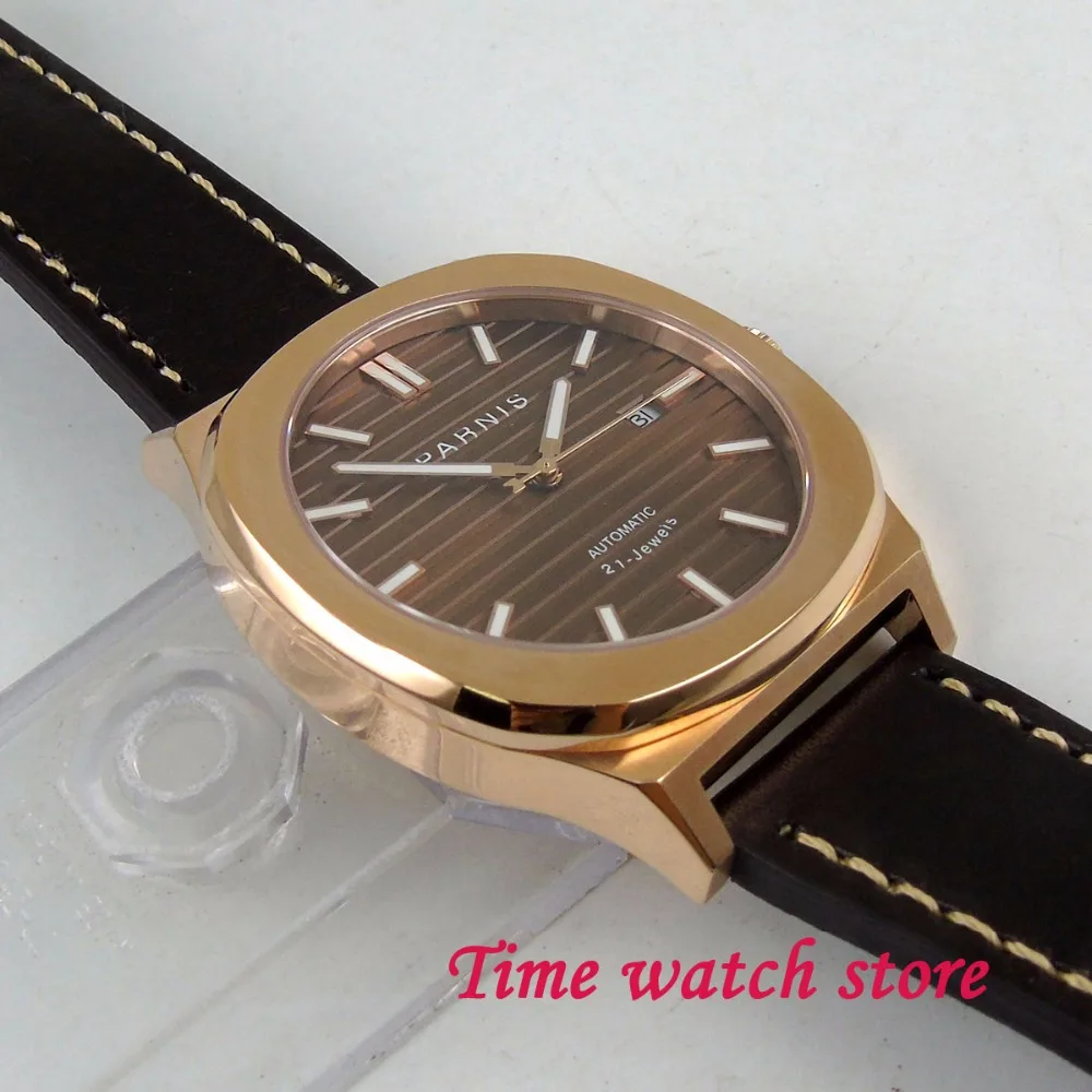 Parnis 44mm plated gold mechanical auto watch men waterproof square lether coffee dial luminous sap