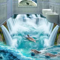 Пользовательские 3D полы росписи обои стереоскопического Дельфин водопад пол Стикеры живопись Ванная комната пол Декор виниловые обои