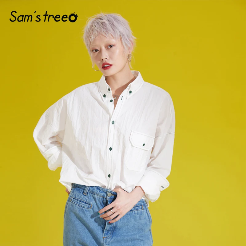 

Women Solid White Box Blouses Spring Buttons Color Contrast Basic Loose Drop Shoulder Shirt Female Long Sleeve Brief Tops