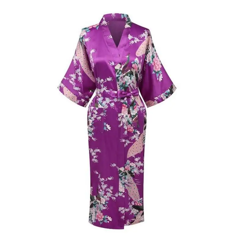 Белый Сексуальный Цветок юката кимоно банное Платье женское шелковое длинное белье с v-образным вырезом халаты пижамы костюмы для сауны размера плюс S-XXXL NR069 - Цвет: Middle Purple