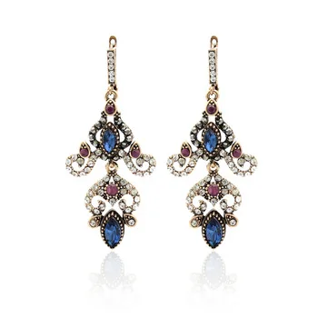 Turkish Slavic Women Resin Flower Drop Earring Long Hook Jewelry Dangle Earring Antique Gold Color Arabesque Ethnic Bride Bijoux