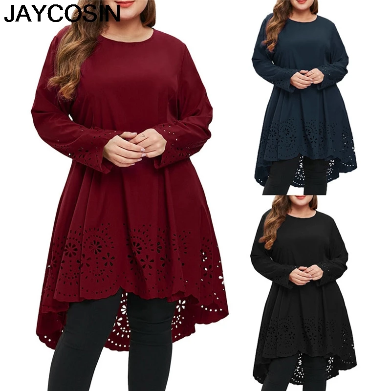 

JAYCOSIN Plus Size 2019 New Summer Women Dress Casual O-Neck Long Sleeve Laser Cut High Low Hollow Out Dresses Vestido jy10