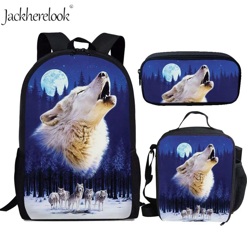 

Jackherelook 2019 New Children School Bags Teenagers Boys Wolf Animal Prints School Backpacks 3Set Mochilas Kids Travel Backpack