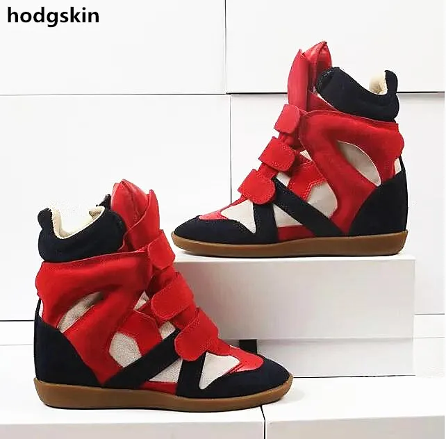 

Flats Patchwork Red-black-white Mixed Colors Hook & Loop Concealed Wedge Women Boots Height Increasing Wedges Zapatos Shoes
