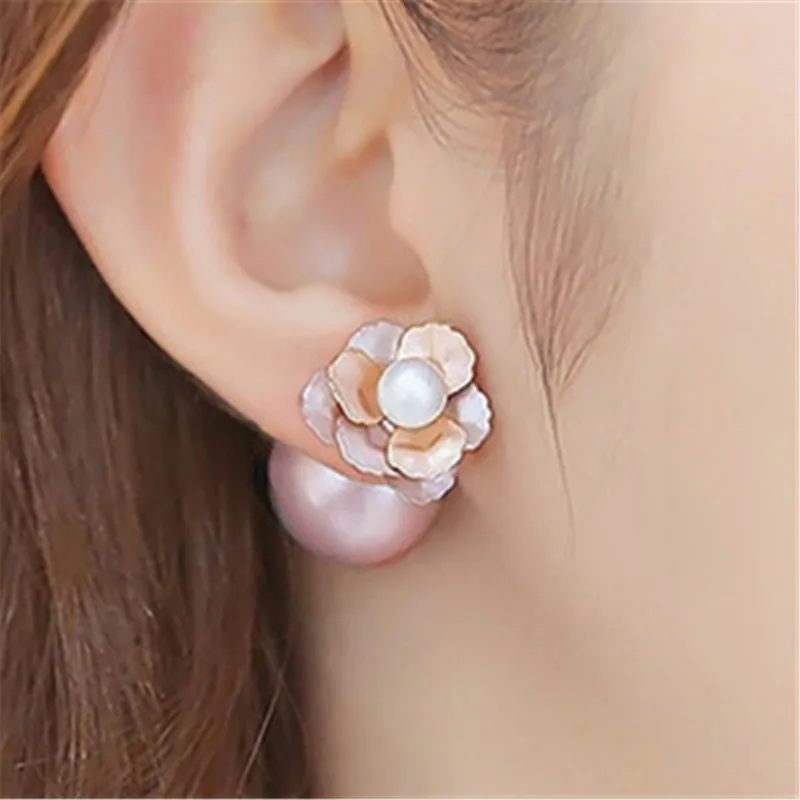 New Design Fashion Elegant Double Side Pearl Rose Flower Stud Earrings For Women Gift