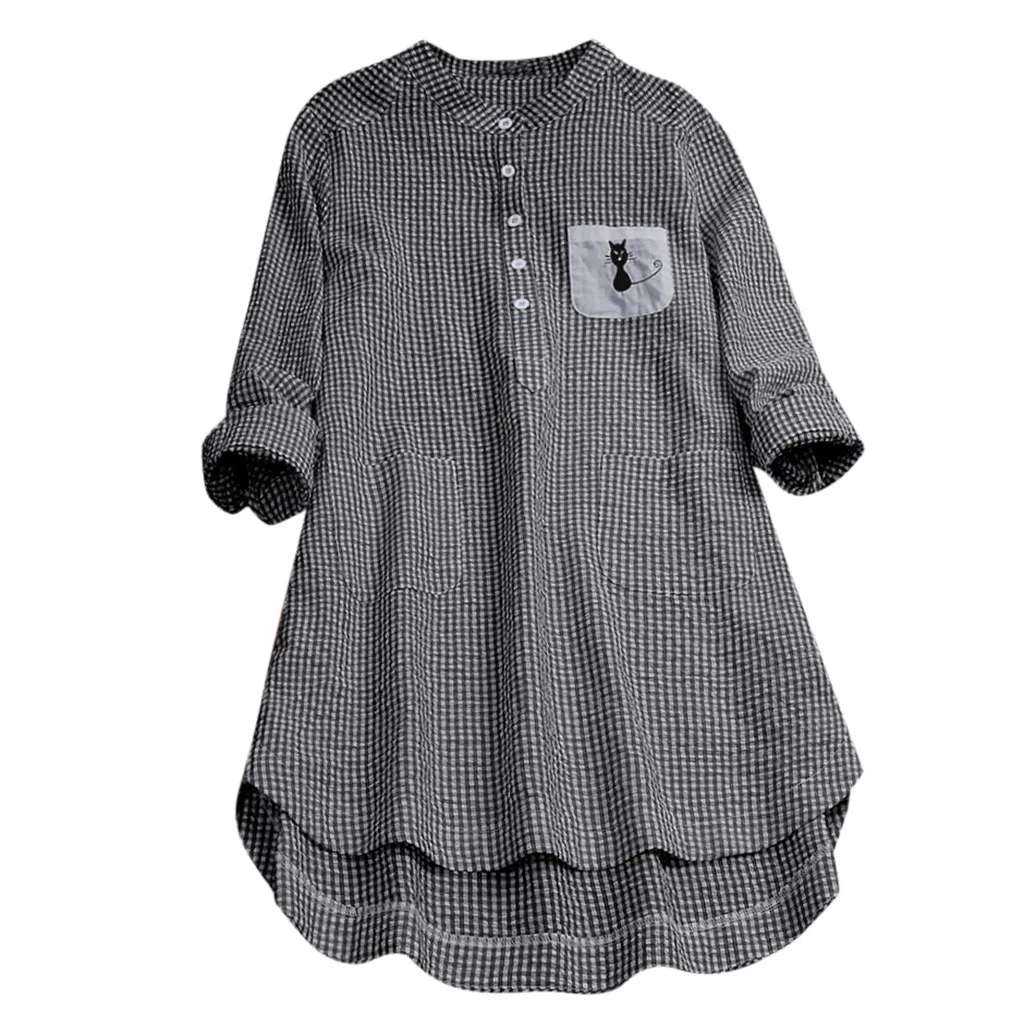 

Womens tops and Blouses unproof Outwear Ladies Elegant Female Plaid Cat Embroidery Shirt Long Sleevel Women Clothing haut femme