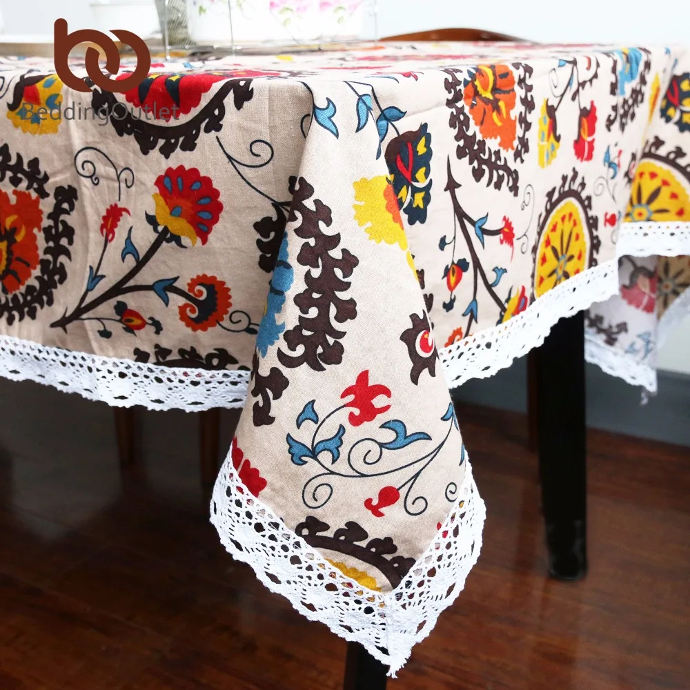 

BeddingOutlet Bohemia Tablecloth Boho Sun Floral Table Cloth Lace Edge Linen And Cotton Table Cover Colorful For Gift 9 Sizes