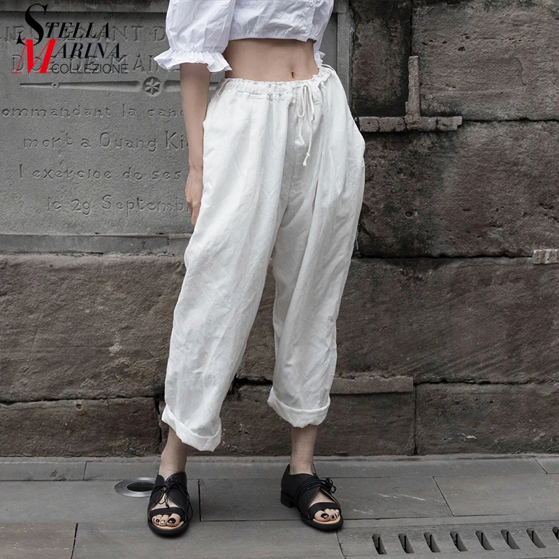 

New 2019 Korean Style Women Solid White Long Lined Straight Pants Elastic Waist Ladies Casual Wear Loose Pants Trousers J049