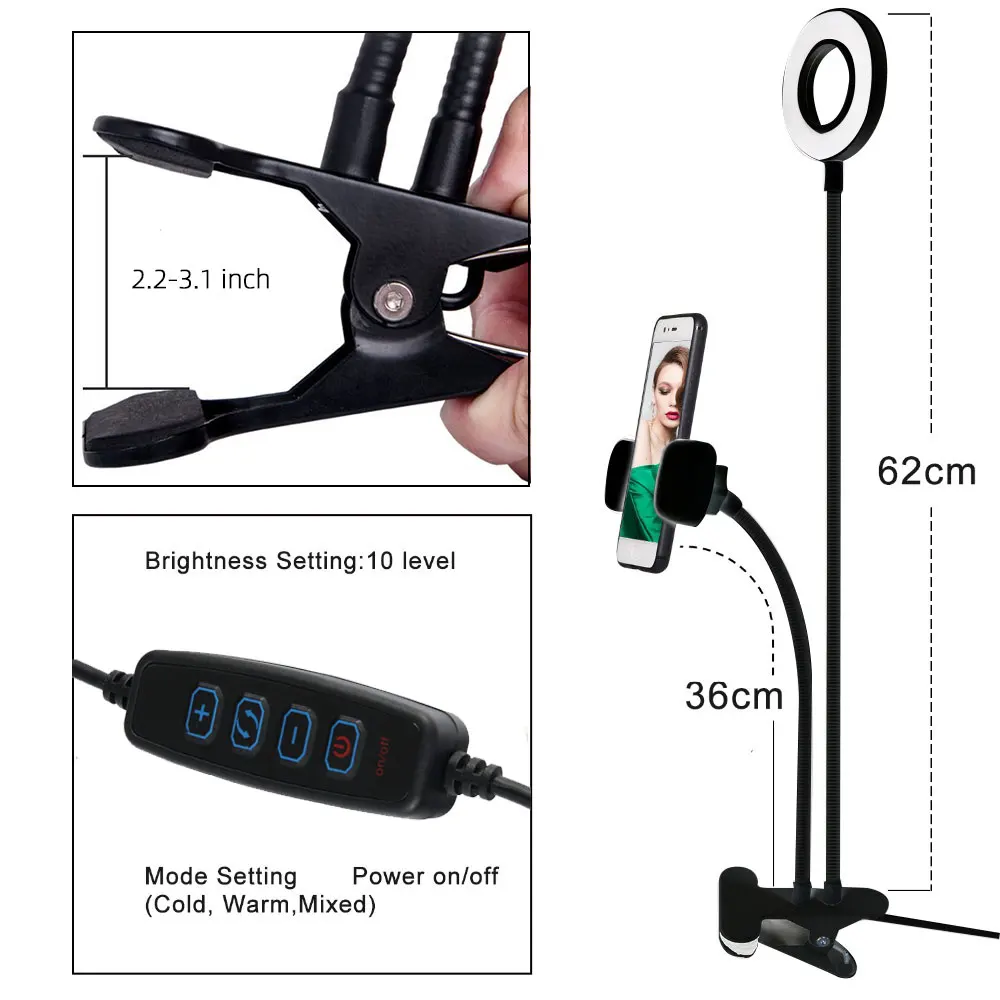 Mount tdog, светодиодный кольцевой светильник для селфи в фотостудии, держатель для мобильного телефона, видеокамера, макияж, Youtube, кольцевой светильник, кольцевой Настольный светильник