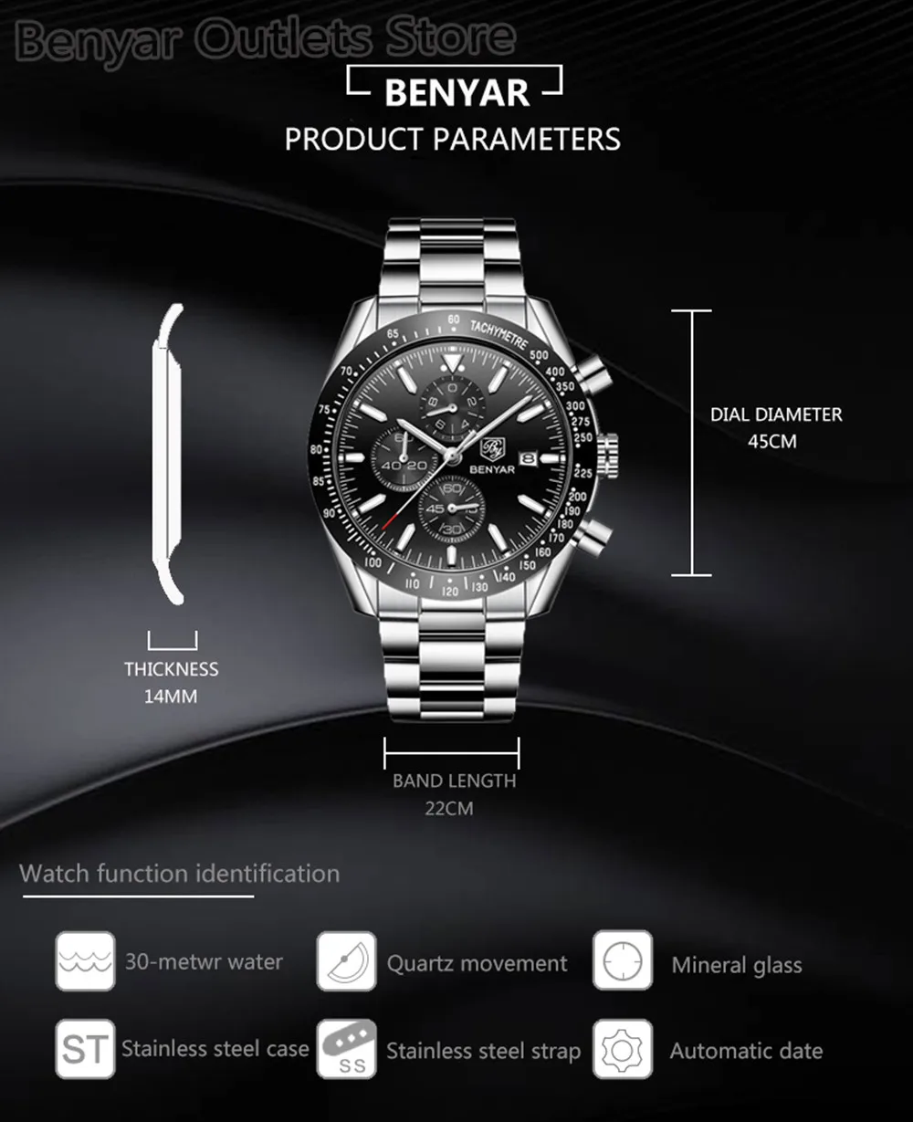 Мужские часы BENYAR бренд класса люкс силиконовый ремешок водонепроницаемые спортивные кварцевые часы для мужчин Хронограф военные часы Relogio Masculino