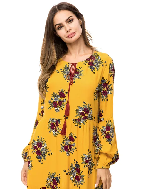 Abaya long sleeve muslim women flowers yellow kaftan dress
