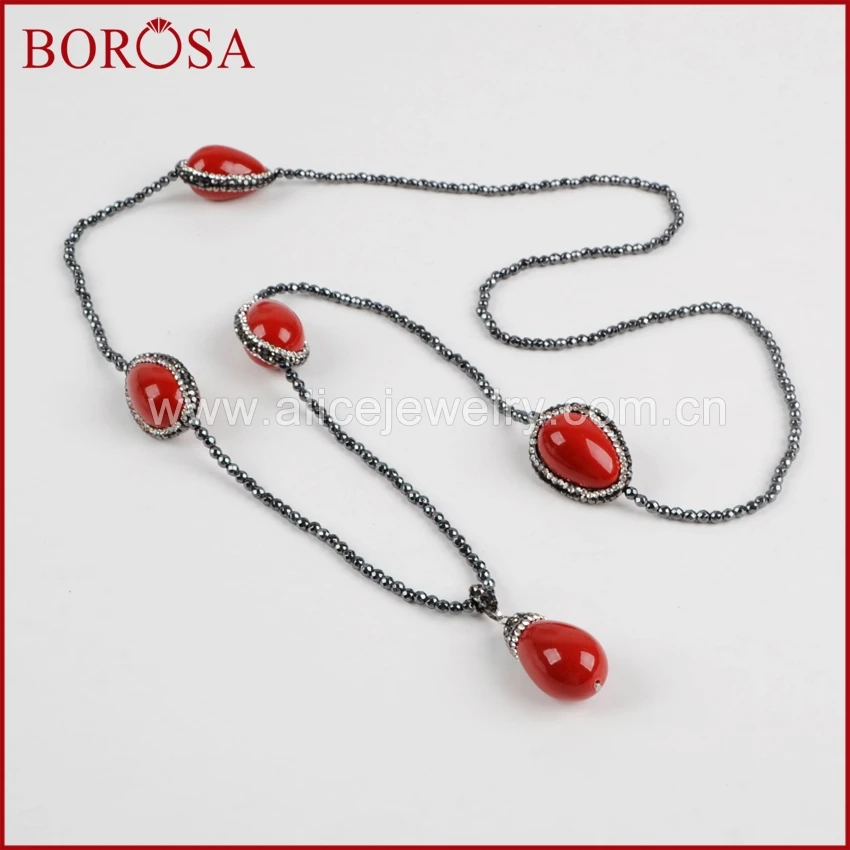 

BOROSA 2pcs Red Coral Pendant Necklace Rhinestone Pave Natural Stone Drop with 3mm Black Beads Necklace for Women JAB576