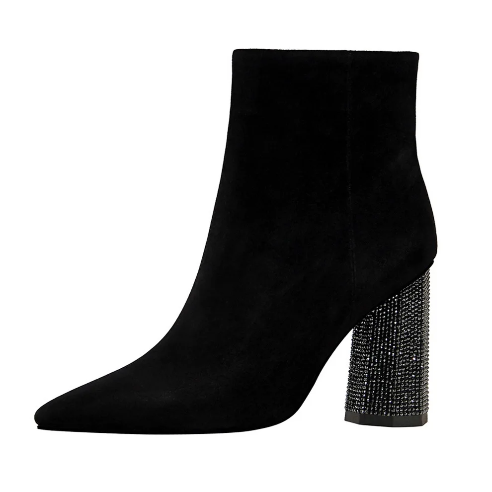 

New Fashion Flock Ankle Women boots 9CM Square heel High Heel Boots Zip Women Shoes