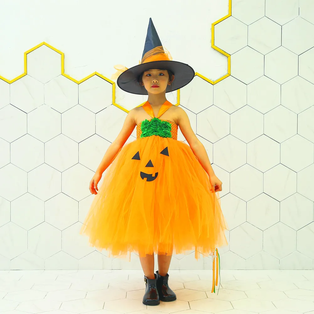 Orange Pumpkin Pattern Halloween Witch Outfit Tutu Dress Halloween Costumes for Teens Vampirina Birthday Mid Calf Flower Dress (19)