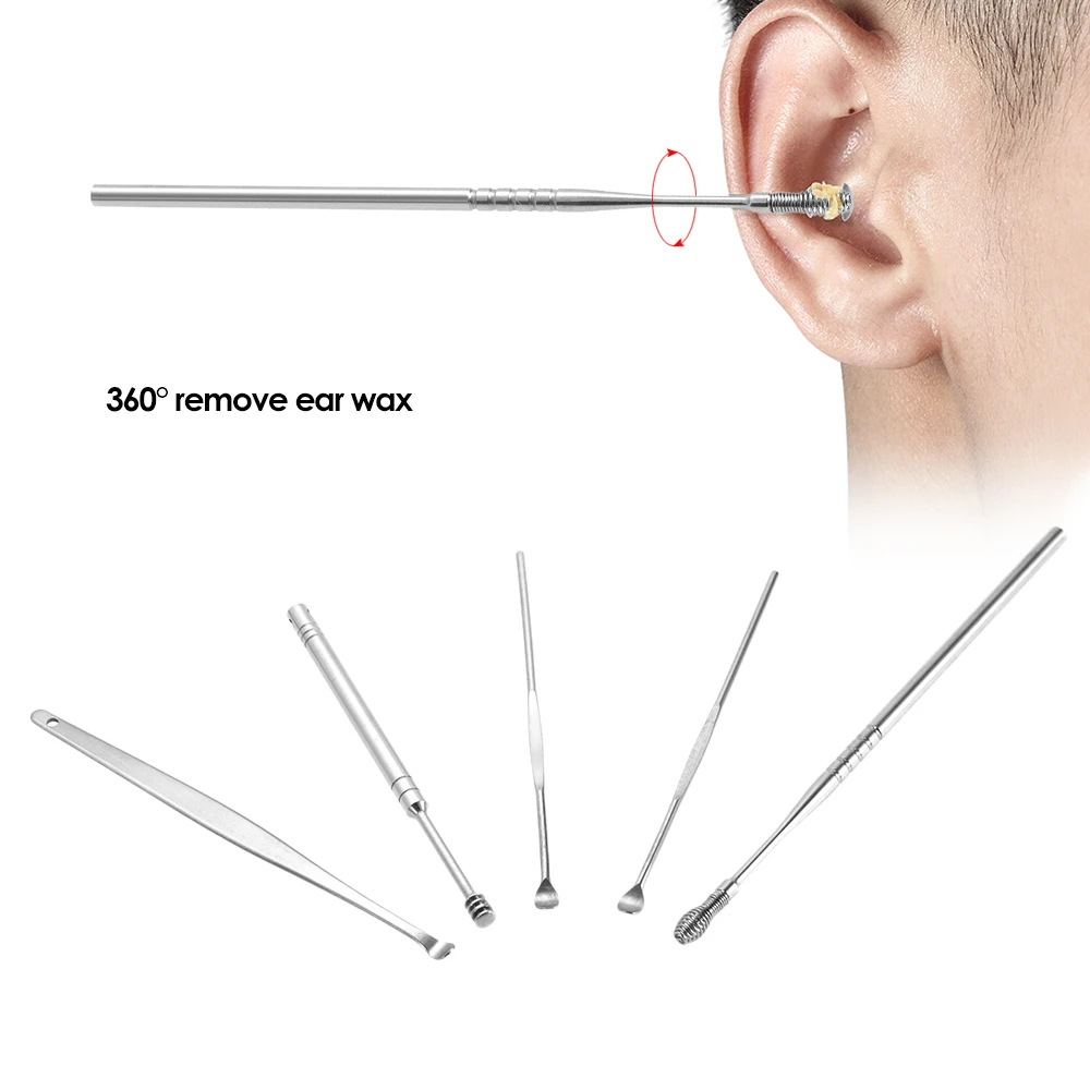 

5Pcs/set Stainless Steel Spiral Type Earpick Wax Remover Curette Remover Anti-slip Ear Pick Spoon Ear Cleaner Tool for Adult