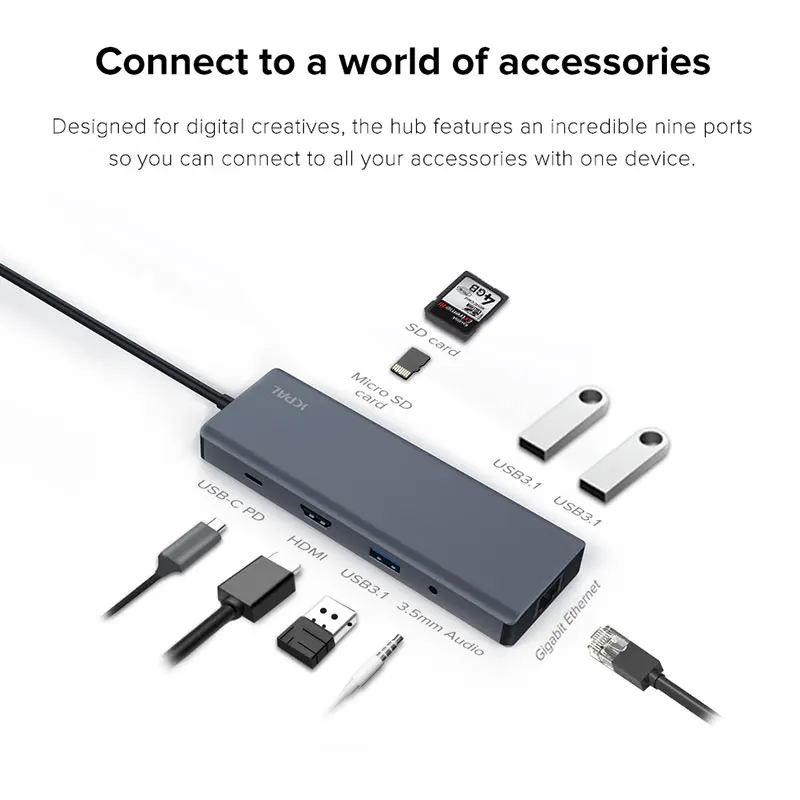 JCPAL USB-C концентратор 9 в 1 type-C PD зарядное устройство 60 Вт HDMI 4 к Lan RJ45 SD Reader USB-C док-станция алюминиевый корпус для MacBook Pro